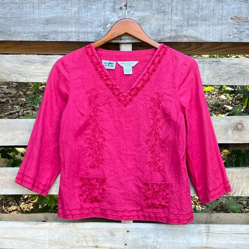 PM Richard Malcolm Irish Linen Maroon 3/4 Sleeve Beaded Blouse